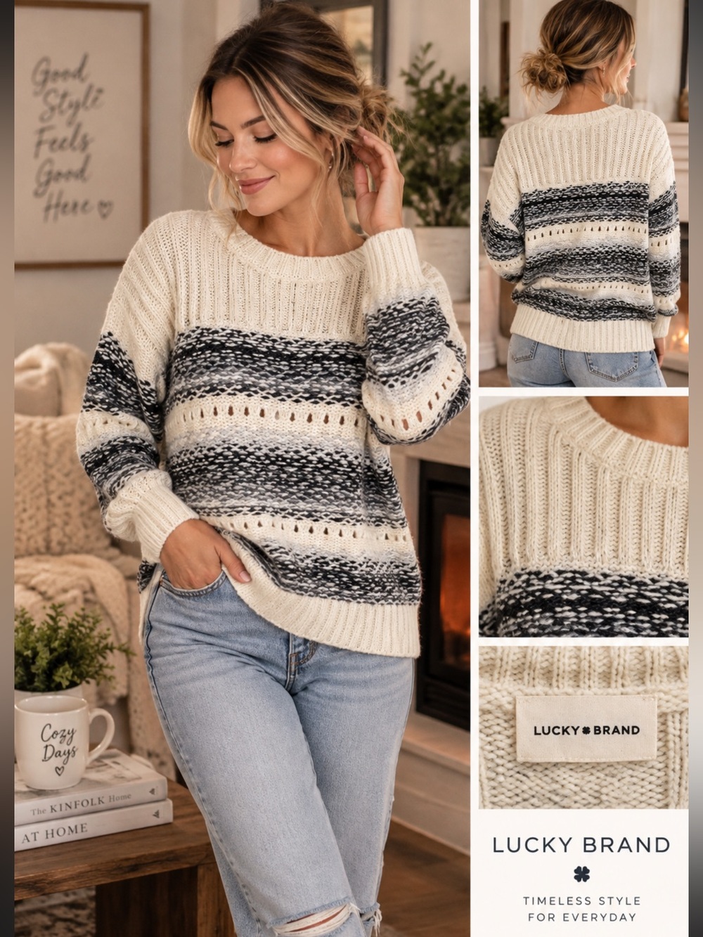 NWT-Lucky Brand Cream and Black Striped Knit Crew Sweater neutral combo. S